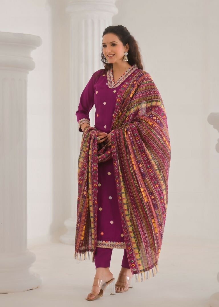 Festive Ethnic Viscose Chanderi Rani Pink Stitched Suit With Dupatta - Rashmika