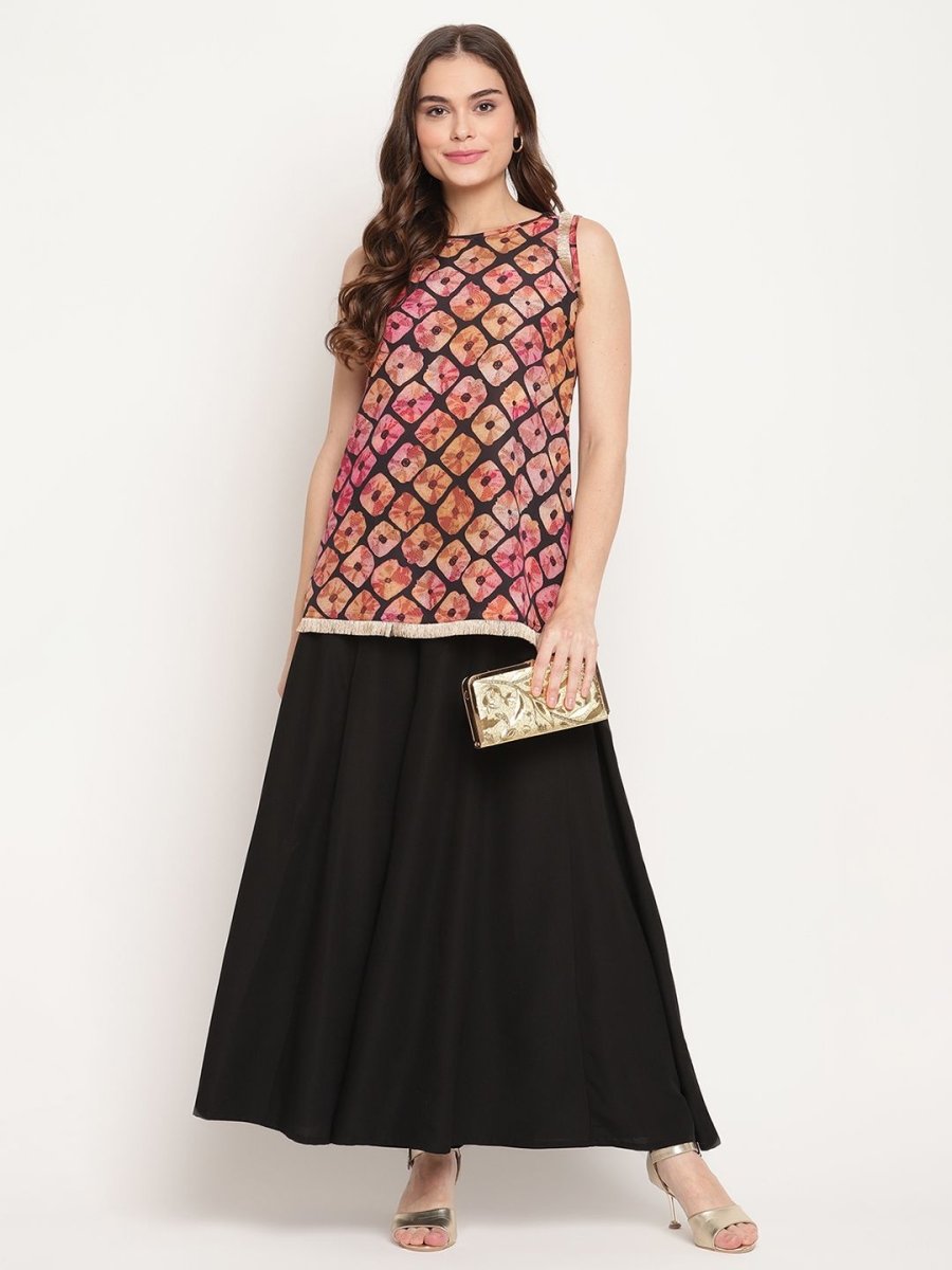 Ahalyaa Women's Black Crepe Digital Shibori Print Top Palazzo Set