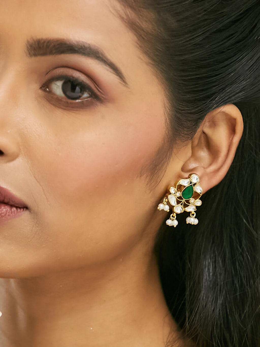 Nuyug 22K Gold-Plated Elegant Kundan & Green Stone Studded Pearl Drops Studs