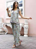 Blue Rayon Paisley Printed Top with Matching Bottom - Eesha