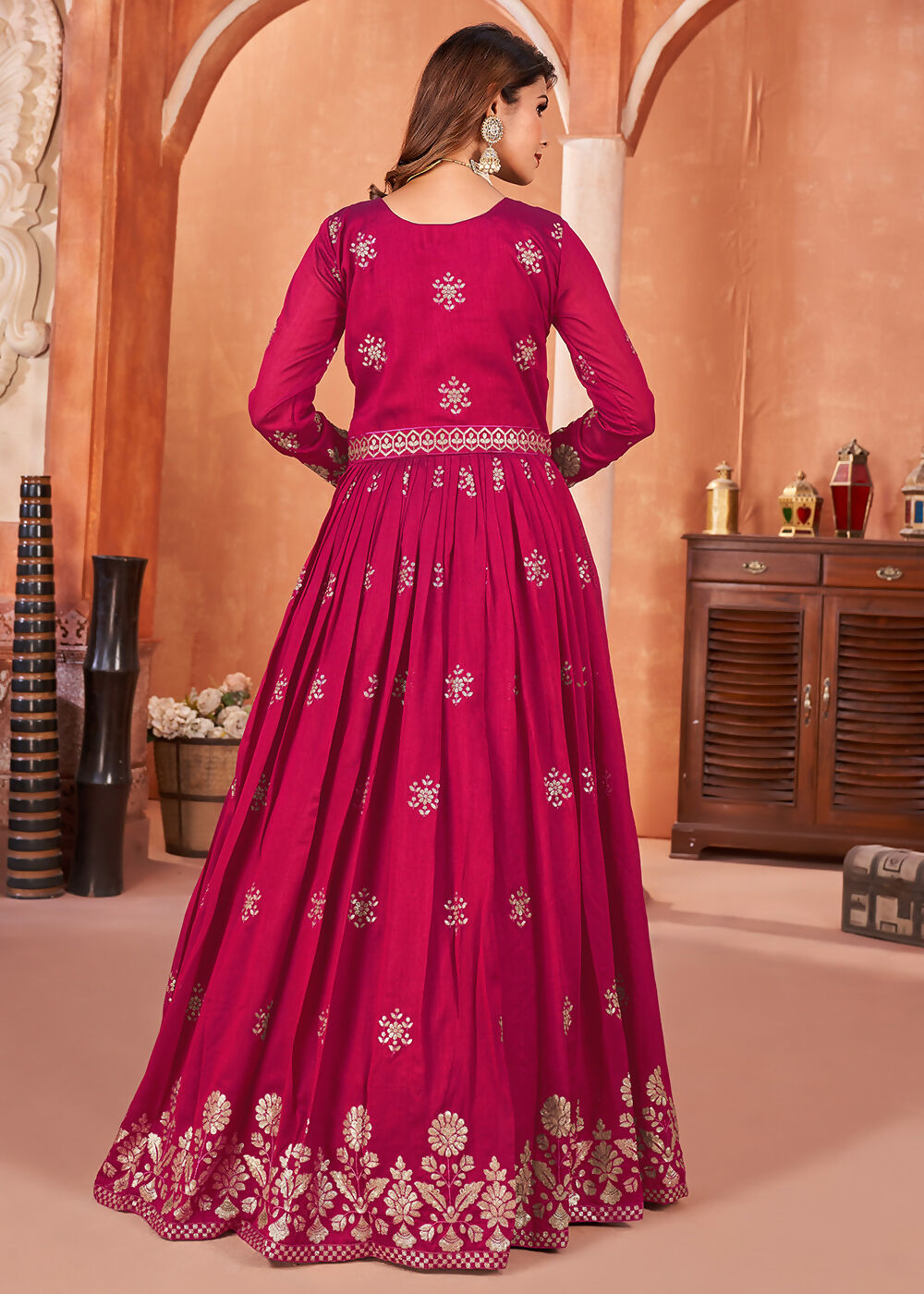 Hot Pink Festive Embroidered Art Silk Anarkali Suit - Emponline