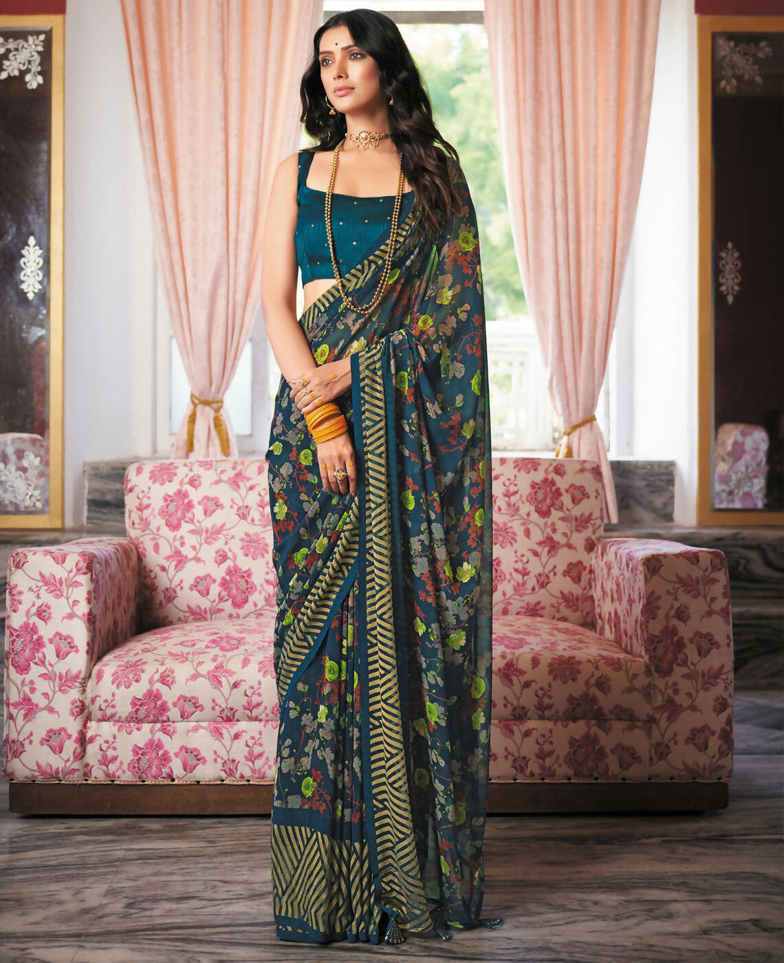 Blue Georgette Brasso Floral Printed Saree With Unstitched Blouse Piece - Zyanya