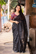 Black Pure Linen Ethnic Motifs Saree with Unstitched Blouse - Hiral Fashion