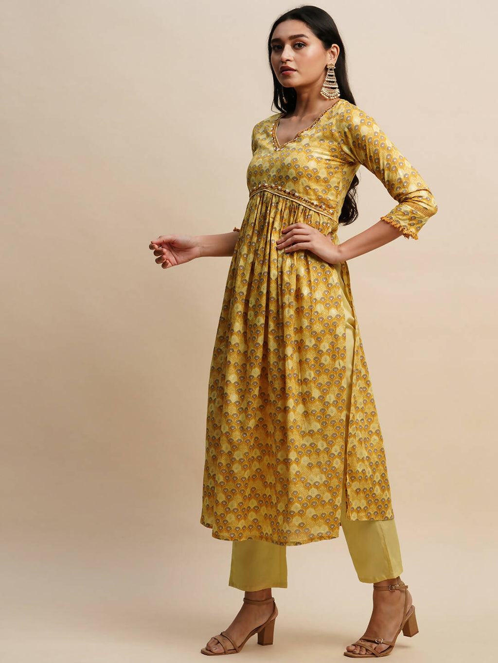 Mustard Pure Cotton Floral Printed Naira Cut Kurta And Bottom With Dupatta - Akashara