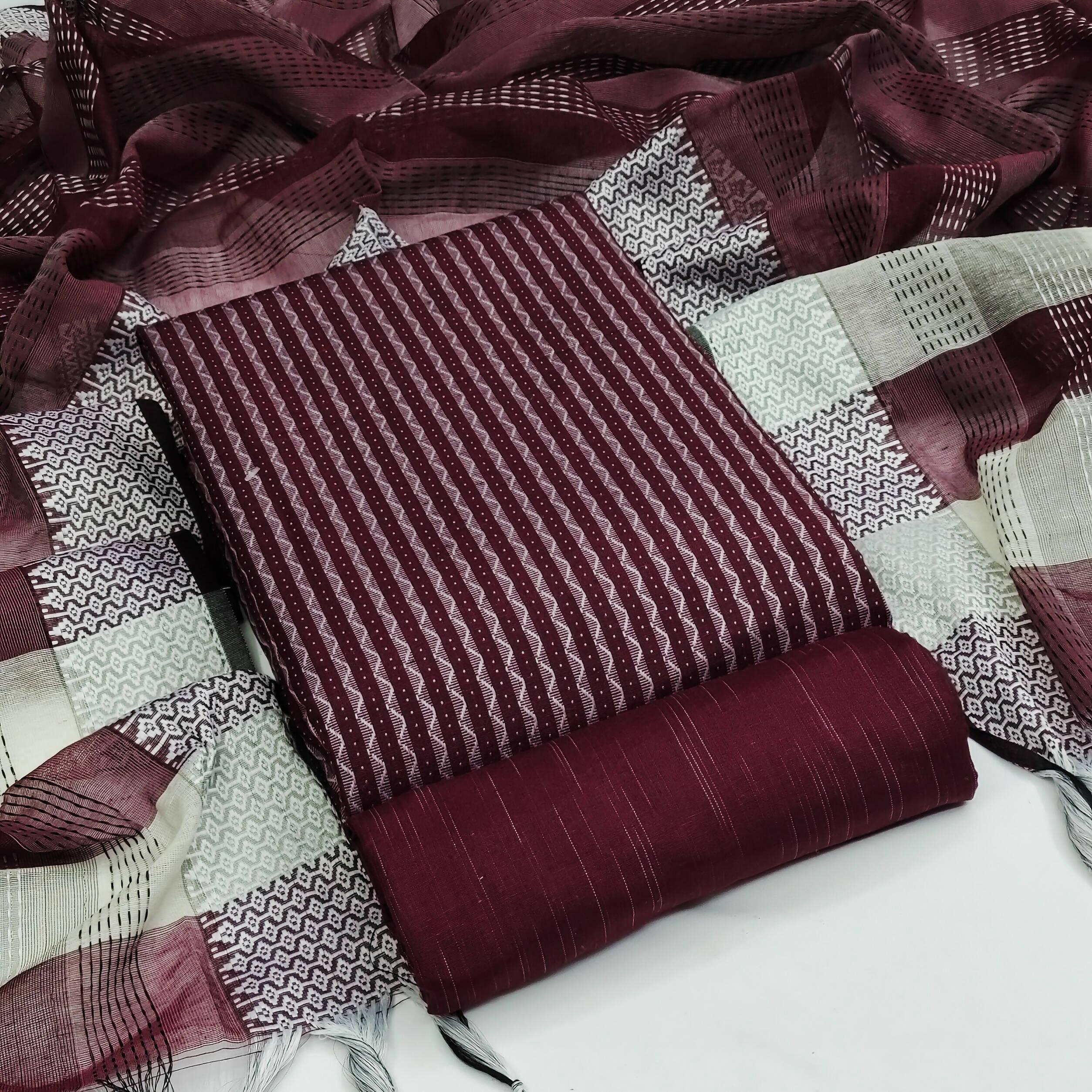 Wine Cotton Jacquard Woven Unstitched Dress Material - Amara