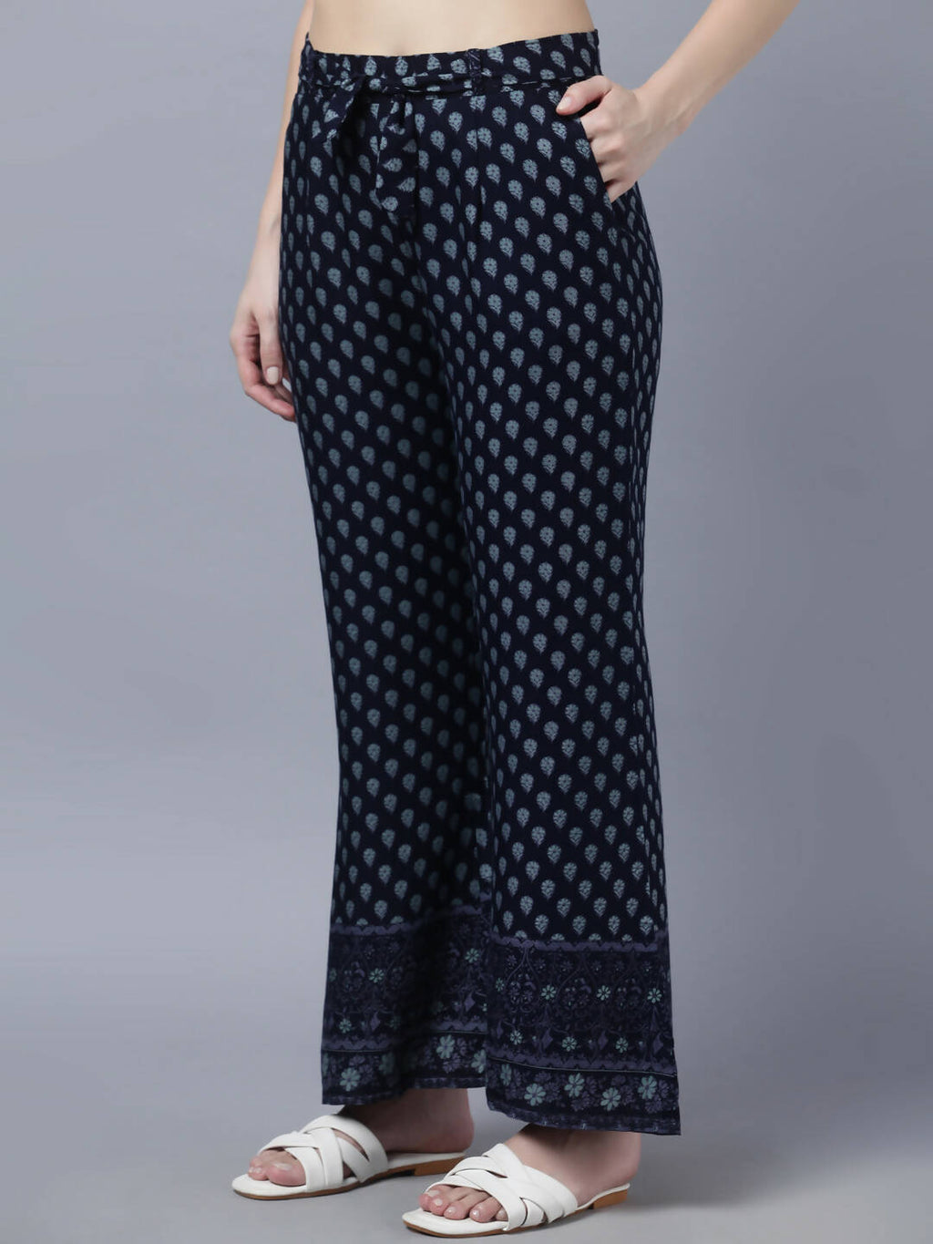 Myshka Women Navy Blue Ethnic Motifs Printed Pure Cotton Top with Palazzos