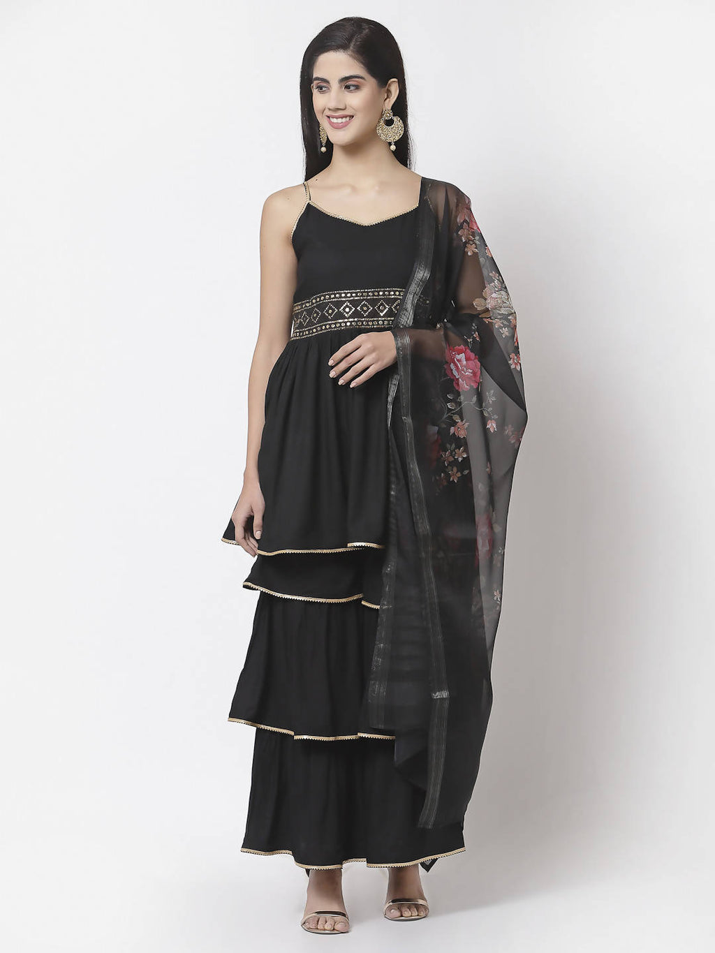 Myshka Women Black Rayon Solid Sleeveless Round Neck Kurta With Sharara & Dupatta Set
