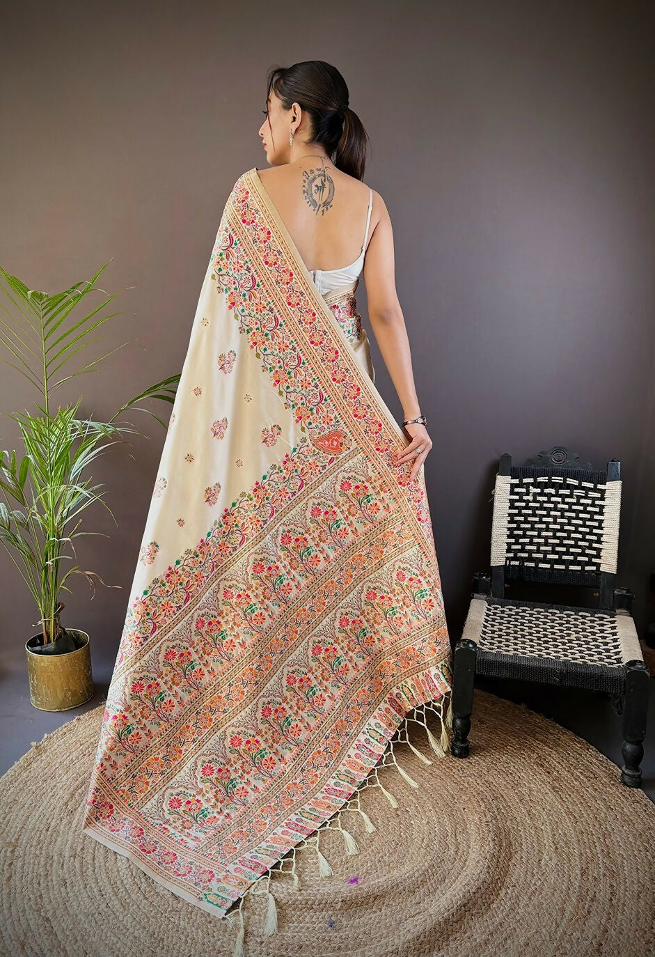 Joban Fashion White Meena Weaves Pashmina Sarees