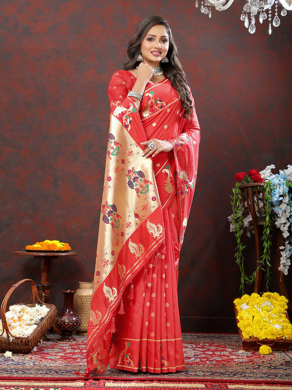 Lorenvalley Fashion Red Soft Paithani Silk Woven Design Gold Zari Meenakari Weaving Saree