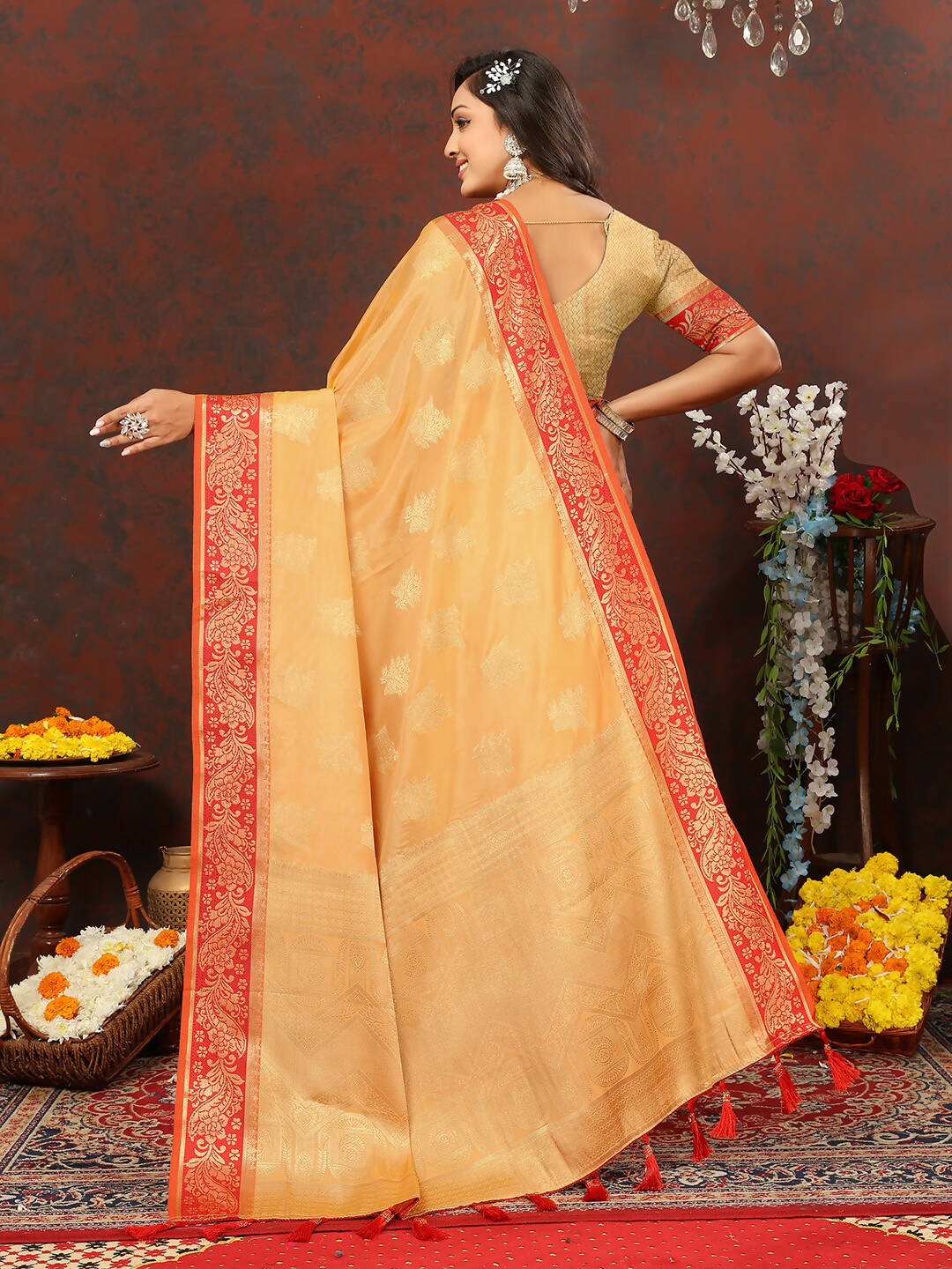 Lorenvalley Fashion Gold Cotton Woven Design with Zari Weaving Design Saree