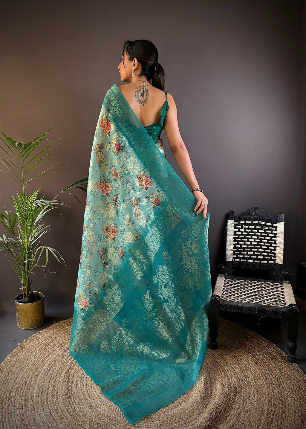Joban Fashion Teal Floral Motifs Banarasi Silk Sarees