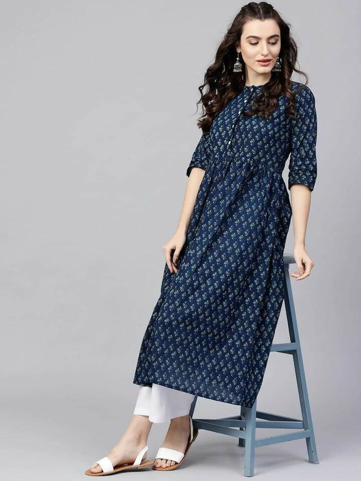 Vamika Printed Cotton Blue Party Wear/Casual Wear Women Kurta Set/Suit