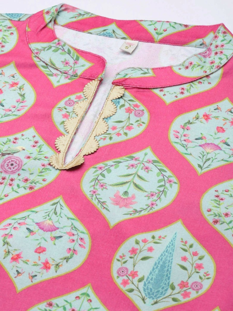 Ahalyaa Women Pink & Sea Green Floral Printed Gotta Patti Velvet Kurta