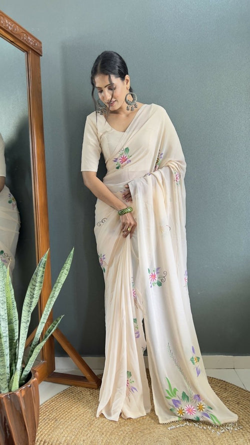 Aayaa Designer 1 min Hand Painted Ready to Wear saree - Off White