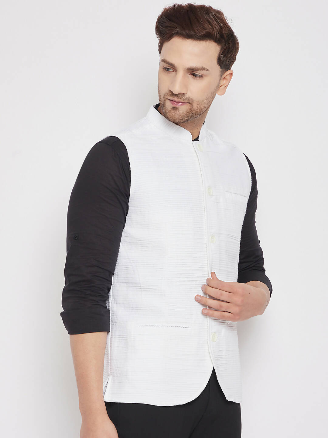 Even Apparels White Cotton Men Woven Nehru Jacket