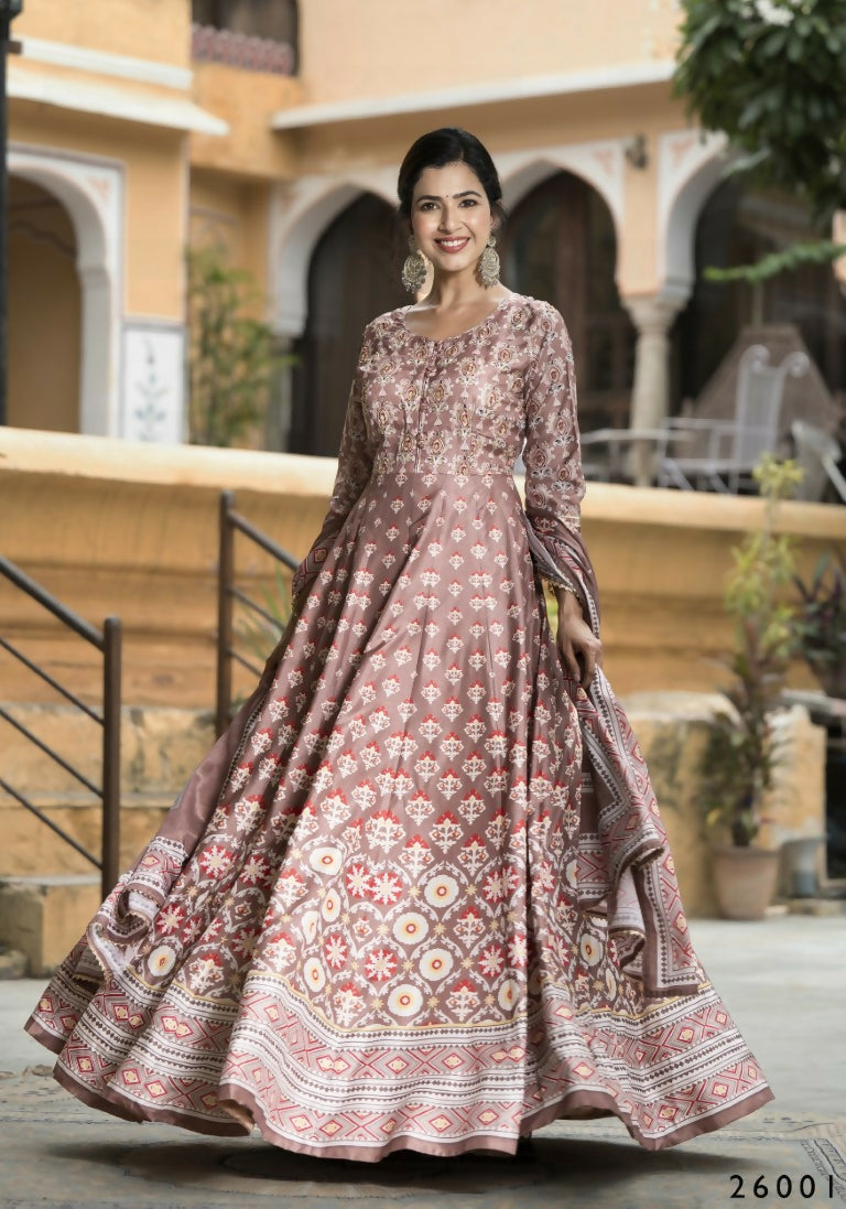 Wedding Designer PaleMauve Soft Dola Silk Anarkali suit with Dupatta - Samanta