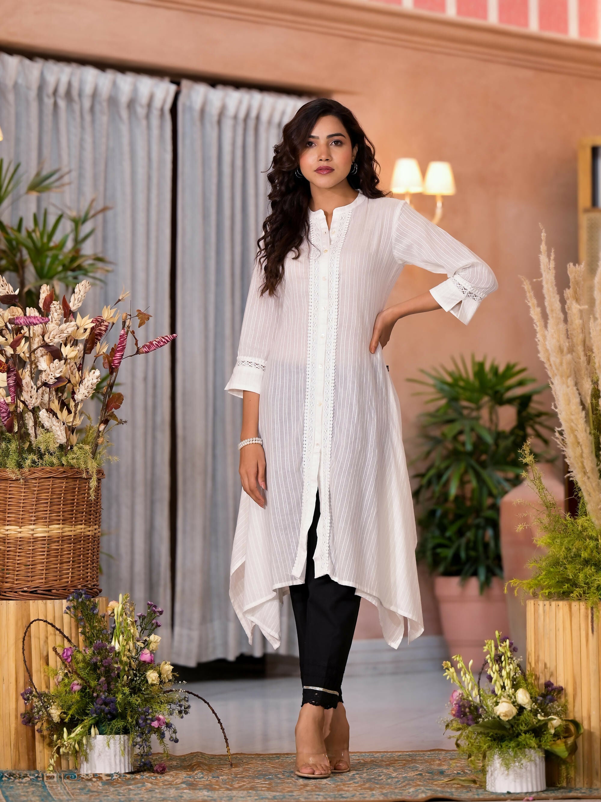 Juniper Women's Off White Thread Embroidered Cotton Asymmetrical Kurta With Button Closure