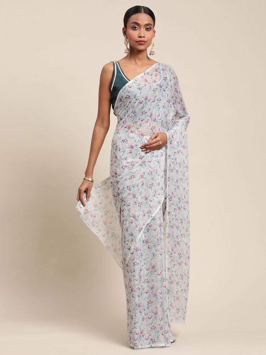 Ahalyaa Women's Grey Chiffon Digital Print Floral Saree