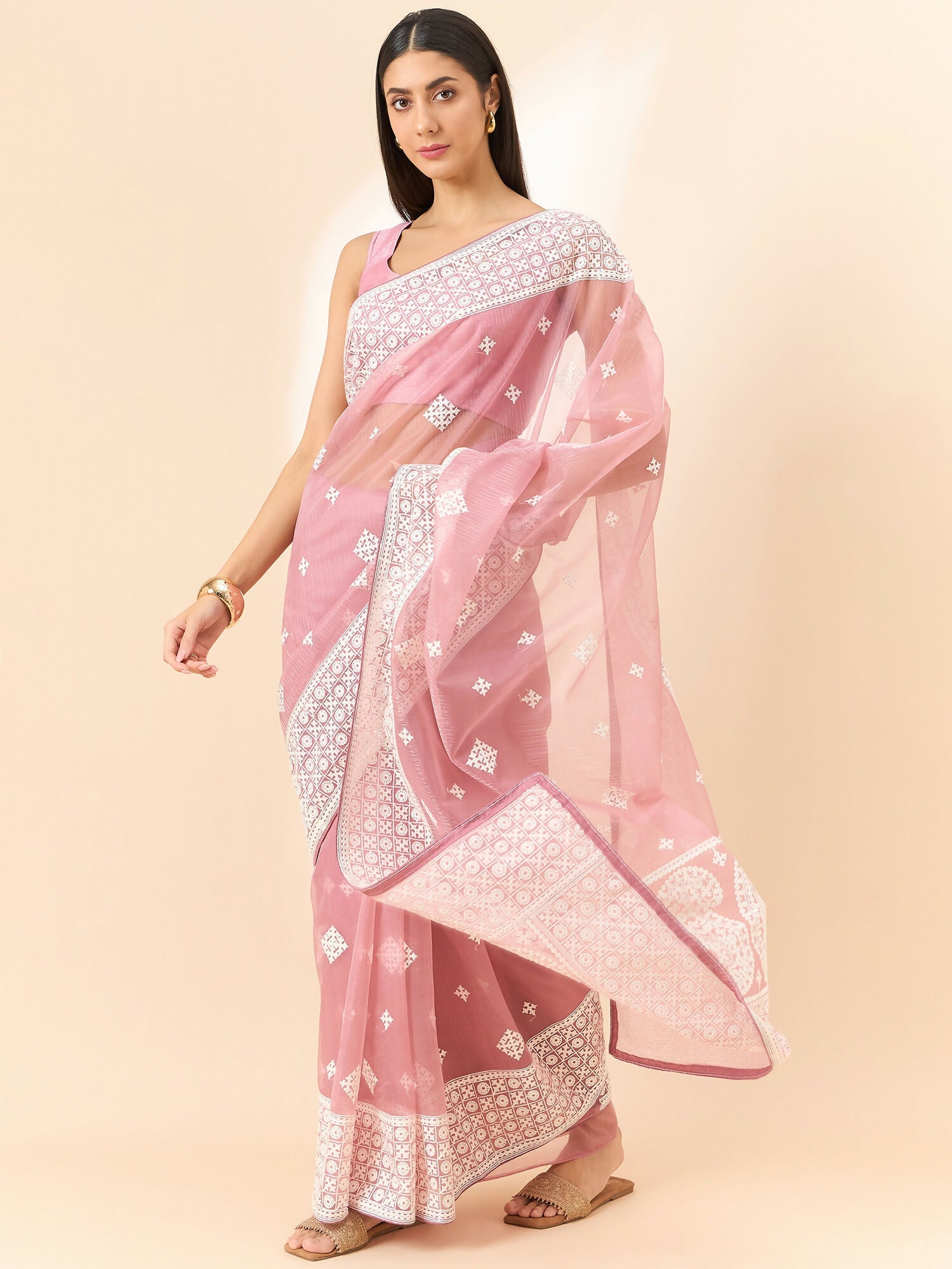 Pink Organza Geometric Embroidered Saree with Unstitched Blouse Piece - Roozal