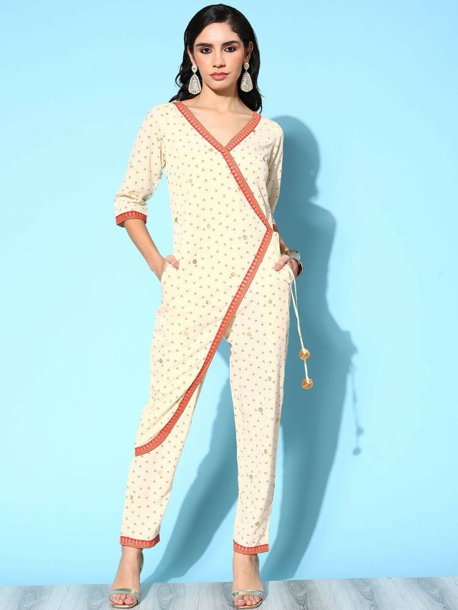 Ahalyaa Womens Offwhite Crepe Printed Jumpsuit