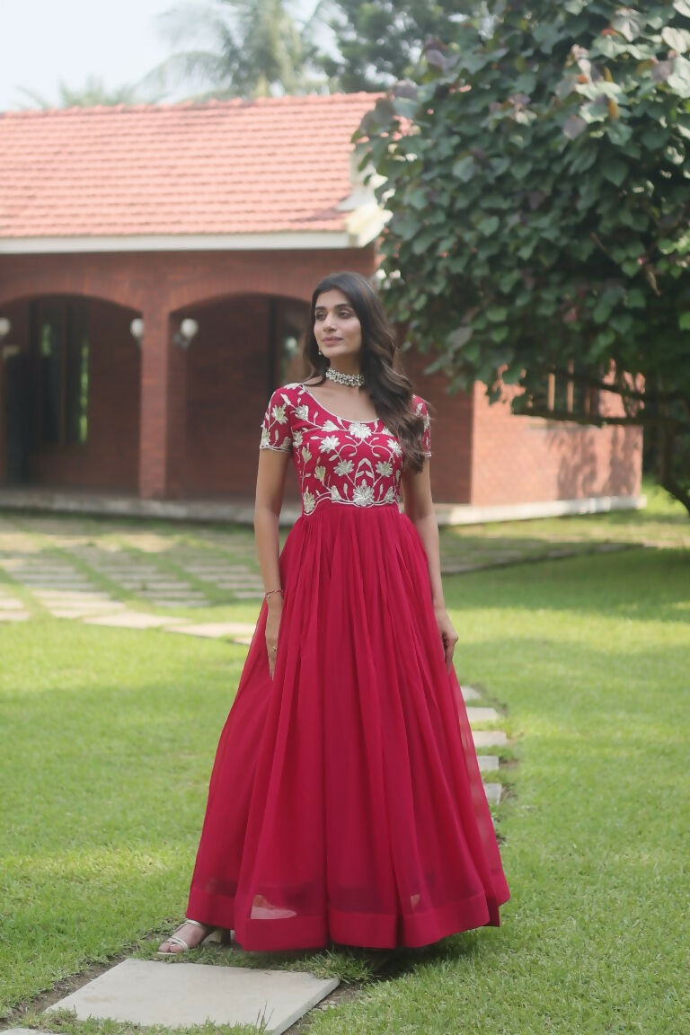 Jyoti Fashion Women's Rani Pink Sequins Embroidered Faux Georgette Anarkali Dress
