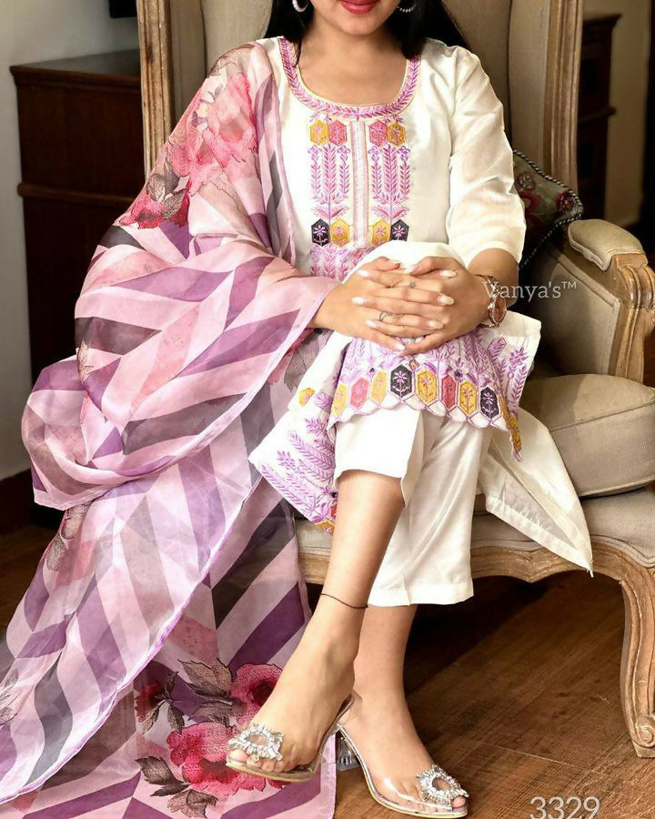 The52 Off White Women's Gorgeous Embroidered Viscose Chanderi Fabric Straight Kurta Pant with Dupatta Set