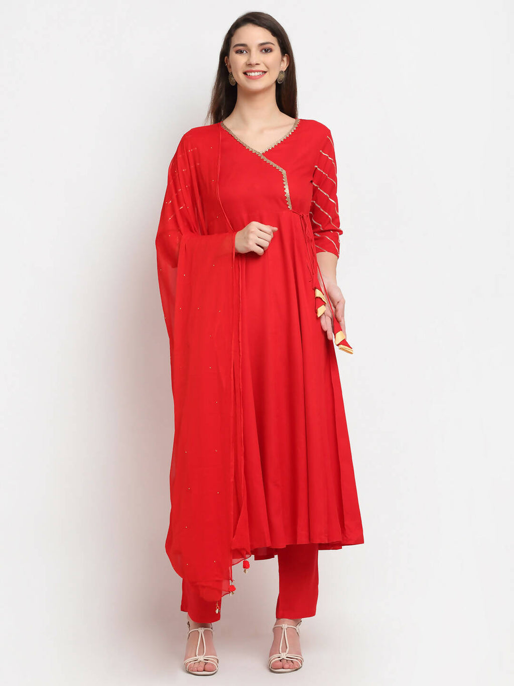 Rudra Bazaar Red Anarkali Kurti & Pyjamas With Dupatta