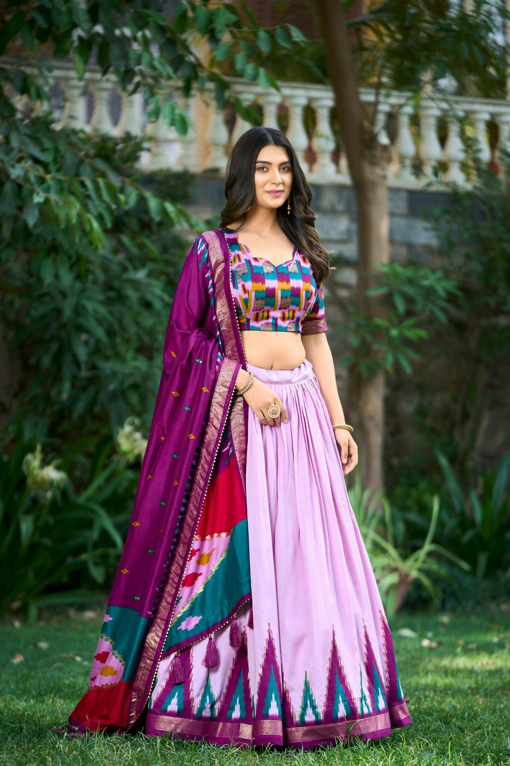 Vastranavya Printed and Foil Work Tussar Silk Lehenga with Unstitched Blouse - Lavender