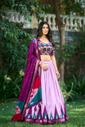 Vastranavya Printed and Foil Work Tussar Silk Lehenga with Unstitched Blouse - Lavender