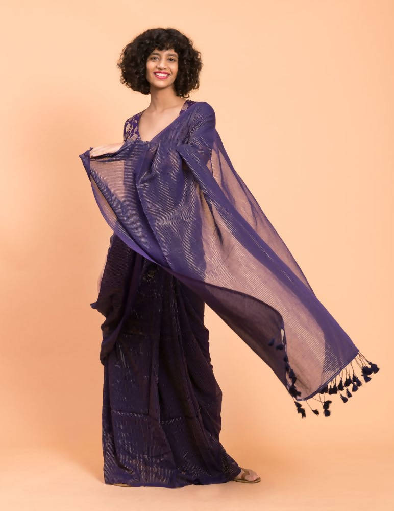 Suta Purple Woven Zari Striped Pure Handloom Cotton Saree