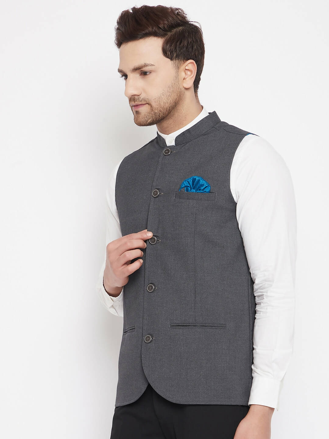 Even Apparels Men's Grey Merino Nehru Jacket-Contrast Lining-Free Pocket Square