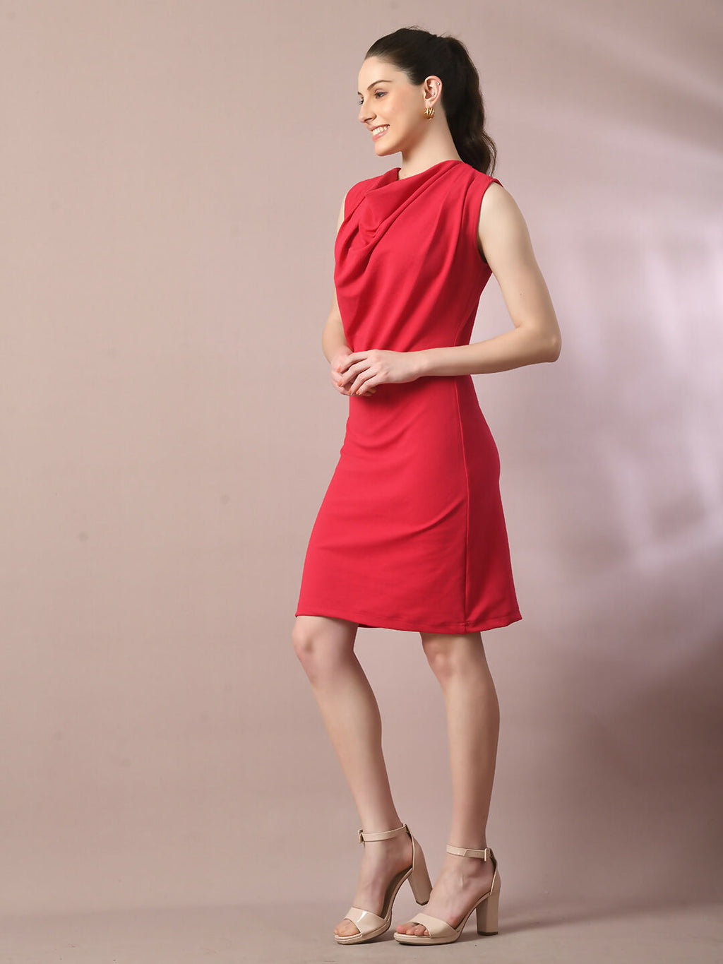 Myshka Women's Pink Solid Cowl Neck Bodycon Party Dress