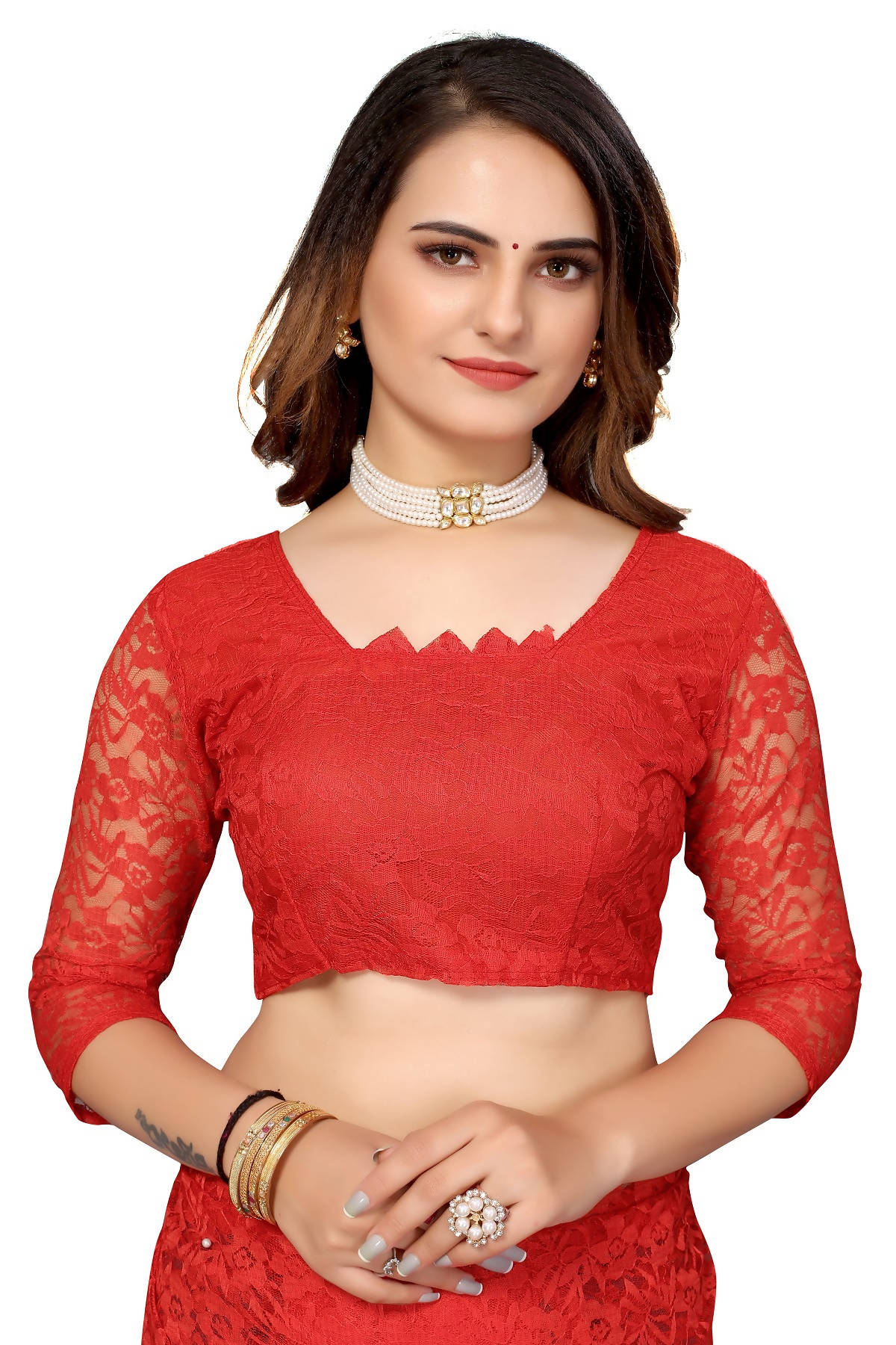 Vamika Ethnic Fire Red Pearls Net Saree