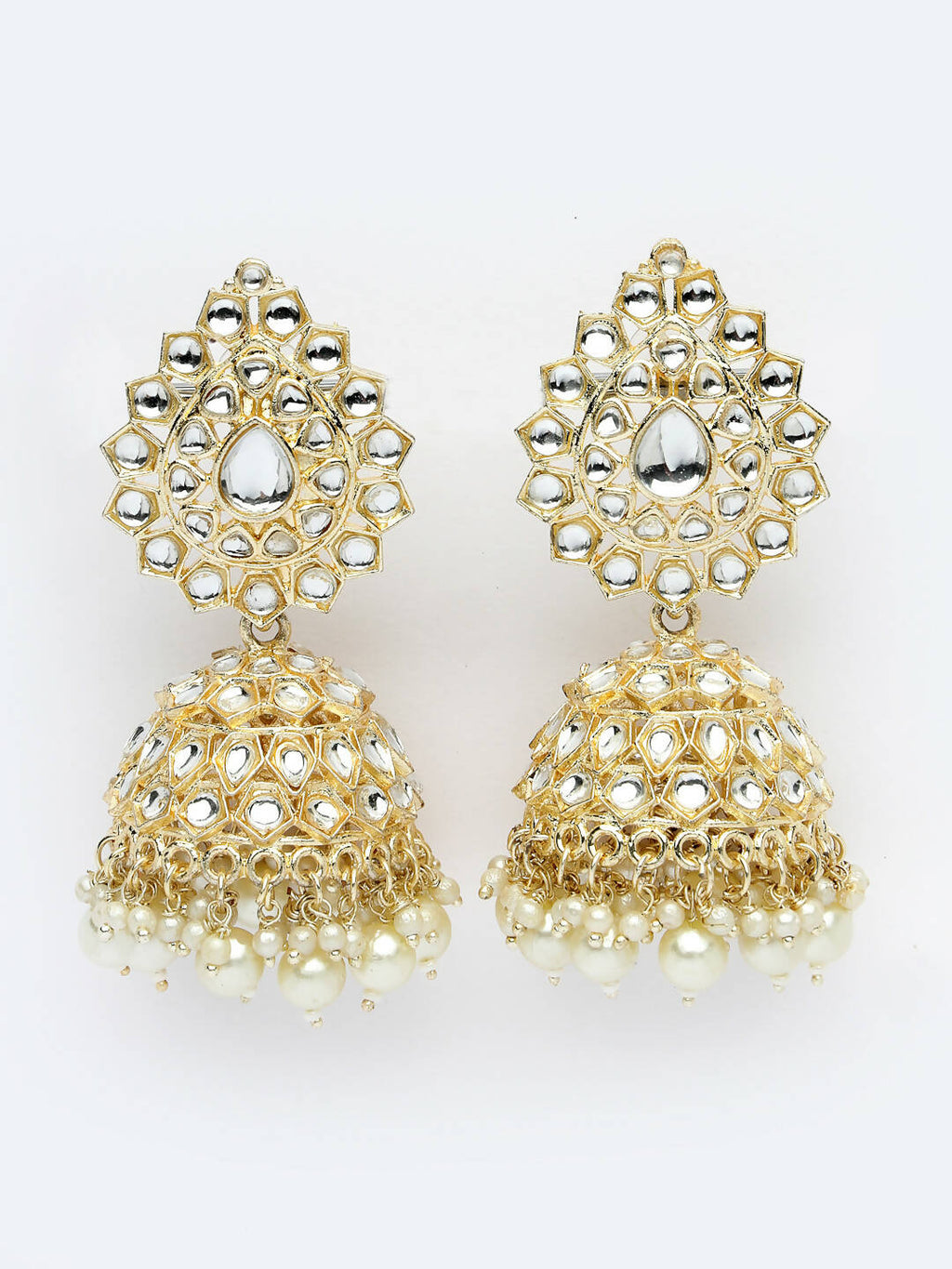 NVR Women Gold-Polished Handcrafted Kundan Jhumka Earrings