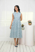 Myshka Women Blue Ethnic Motifs Cotton A-Line Mandarin Collar Dress