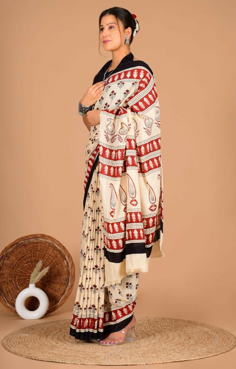 Exclusive Collection Off White Maroon Beautiful Mulmul Cotton Saree