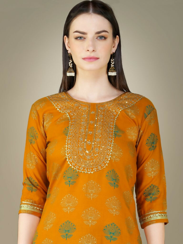 Jyoti Fashion Women's Yellow Cotton Magic Slub Embroidery & Sequence work Kurta with Trouser & Dupatta