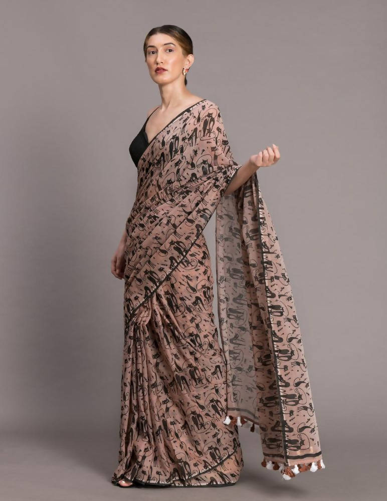 Suta Beige Black Pure Mul Cotton Printed Saree
