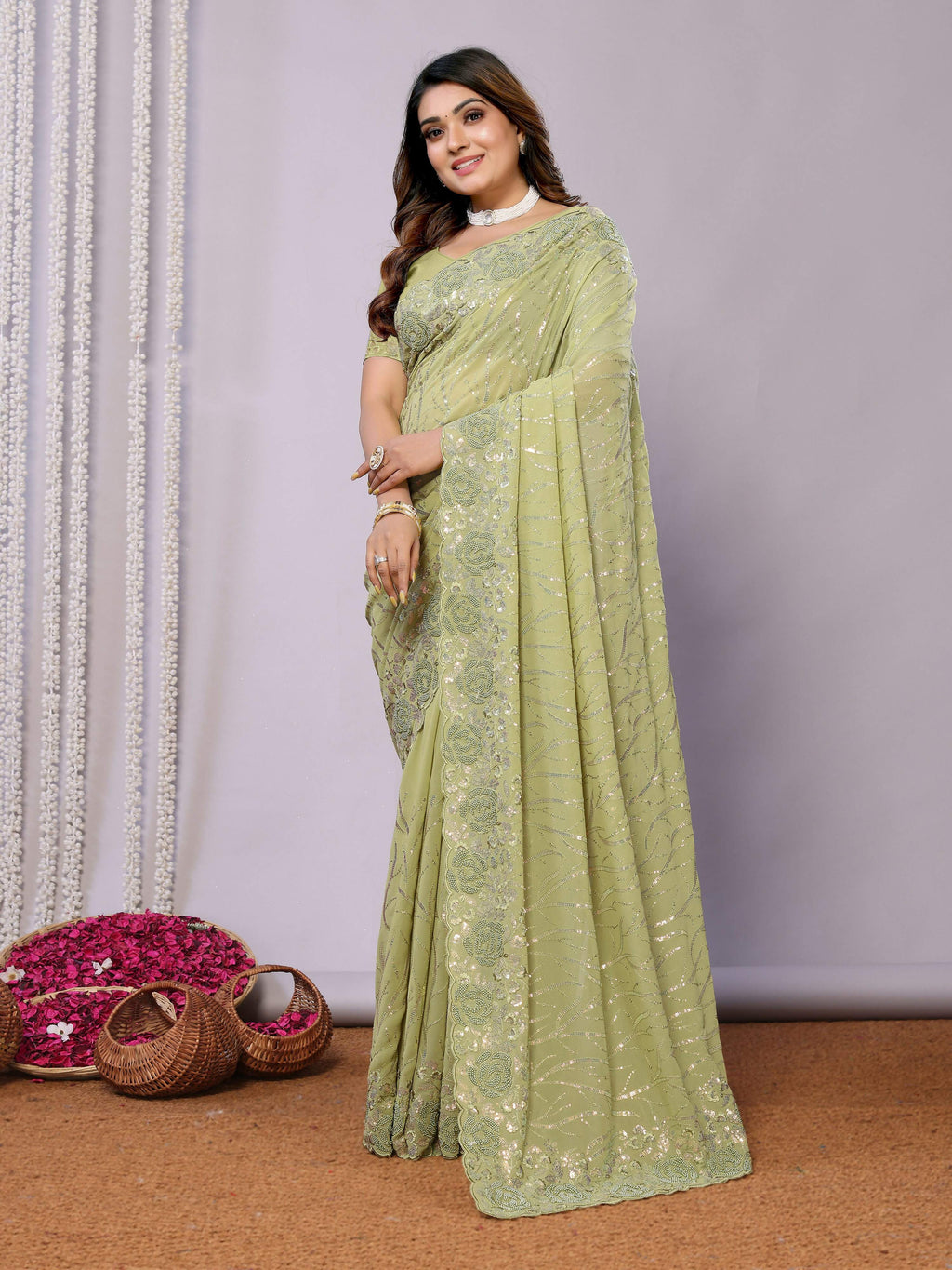 Green Pure Georgette Embroidered Saree With Stitched Blouse - Nimaya Kaksha