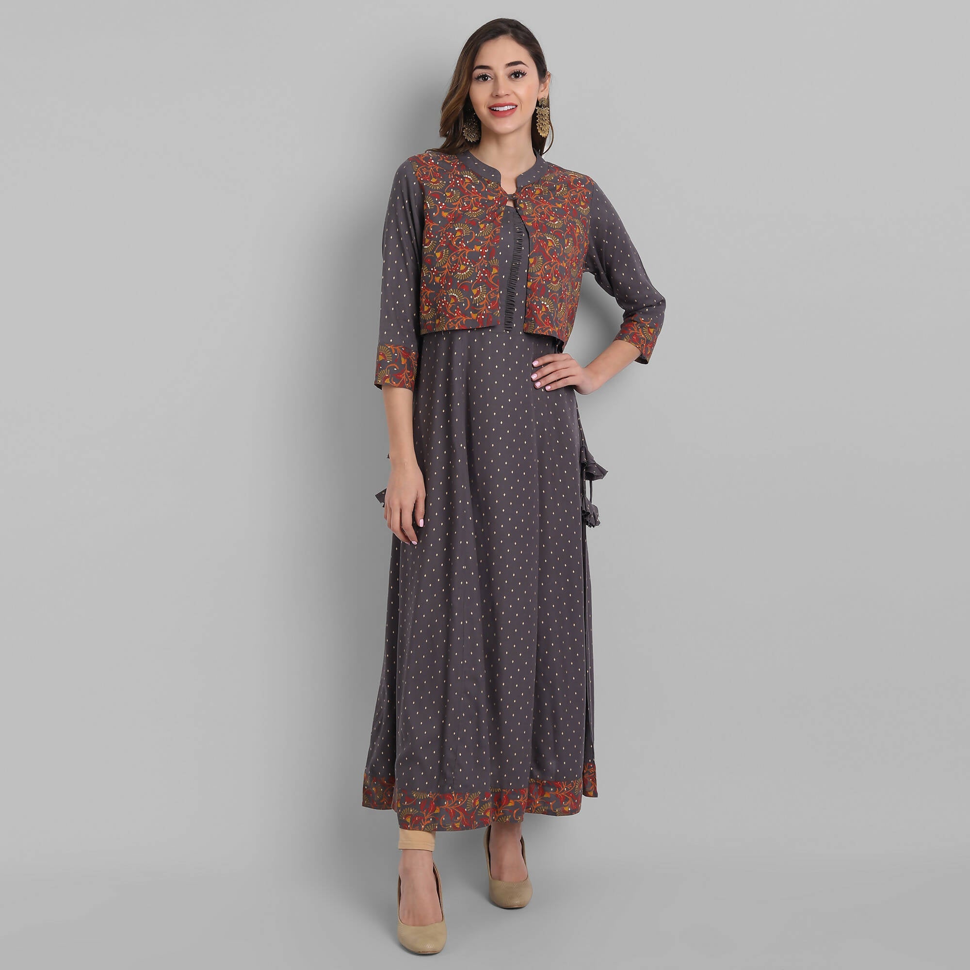 Juniper Women's Grey Rayon Printed Flared Dress