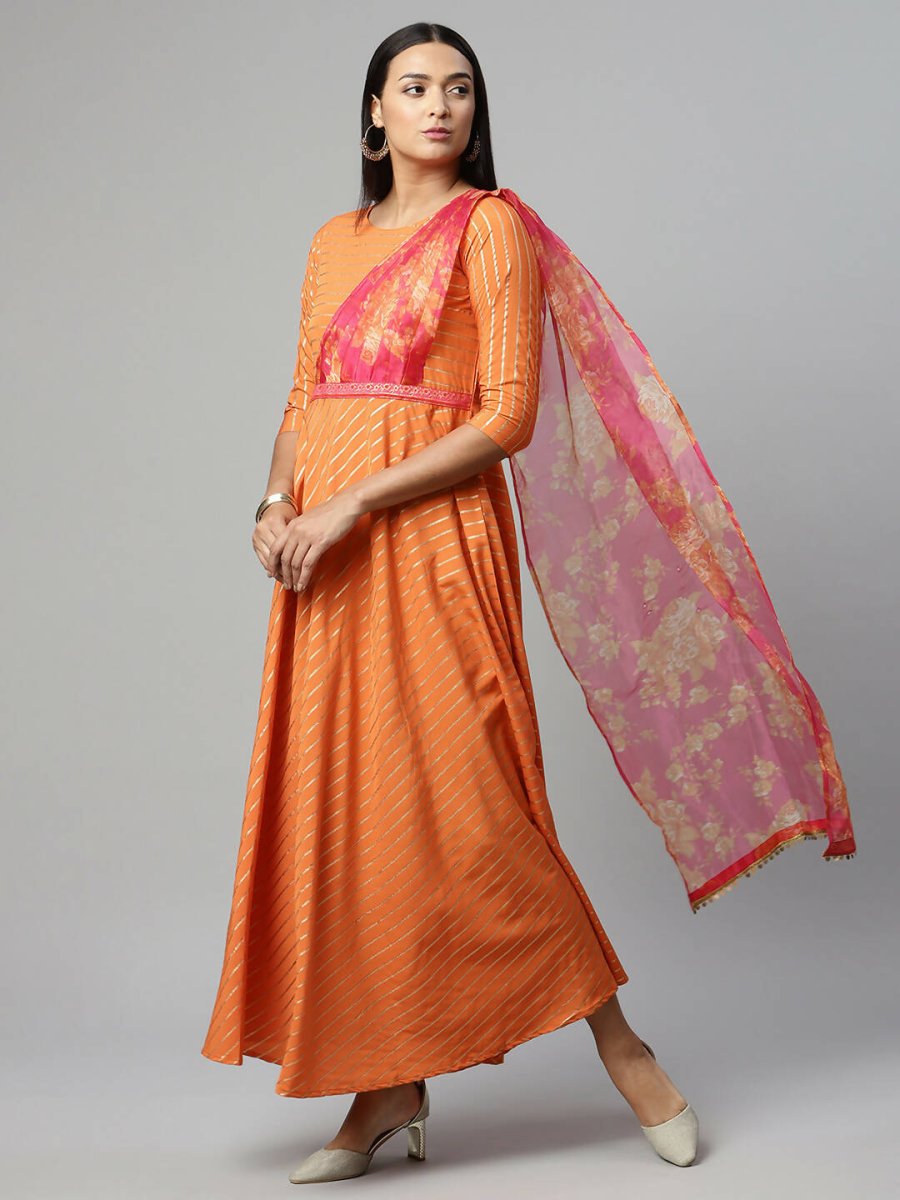 Ahalyaa Women's Orange Crepe Gold Print Dress