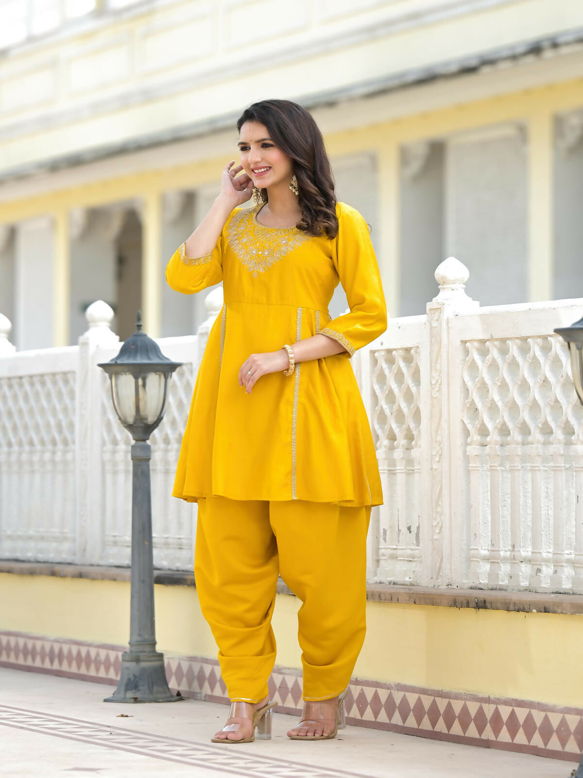 Juniper Women's Mustard Solid Viscose Kurta & Pant Set With Zari & Mirror Work