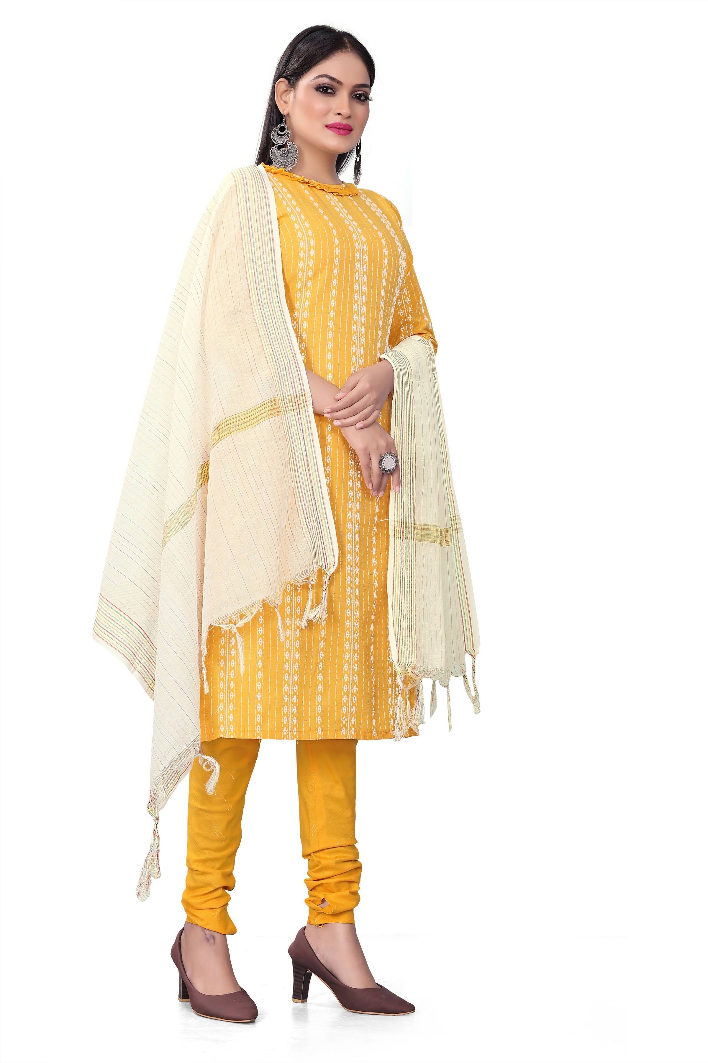 Mustard Cotton Jacquard Woven Unstitched Dress Material - Amara
