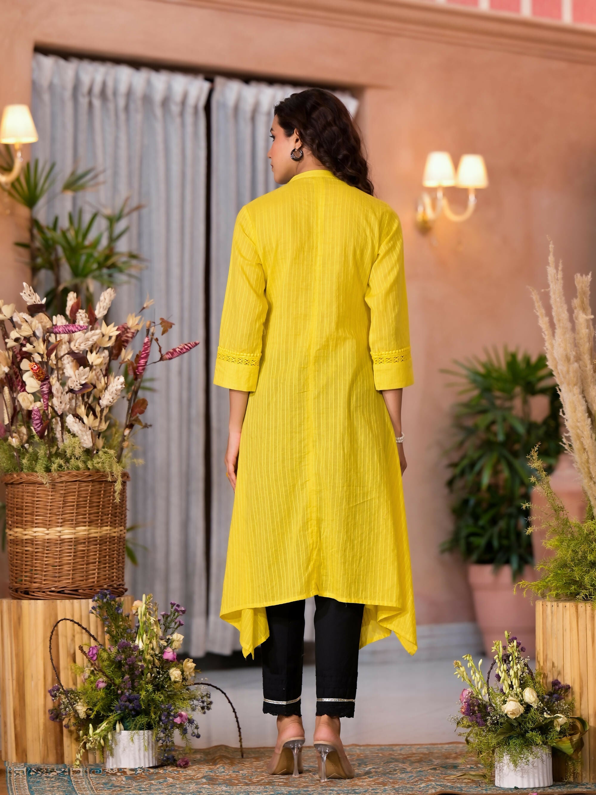 Juniper Women's Yellow Thread Embroidered Cotton Asymmetrical Kurta With Button Closure