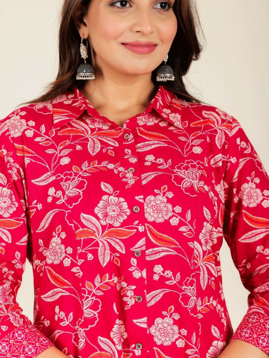 Aramya Red Soft Cotton Floral Print High Low Kurta Pant Set for Women