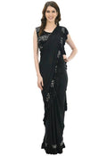 Mominos Fashion All Season Wear Black Ruffled Ready To Wear Saree