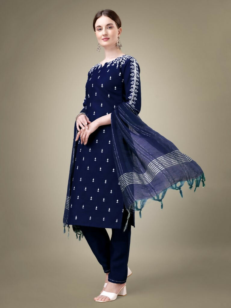 Jyoti Fashion Women's Navy Blue Cotton Blend Embroidery & Sequence work Kurta with Trouser & Dupatta