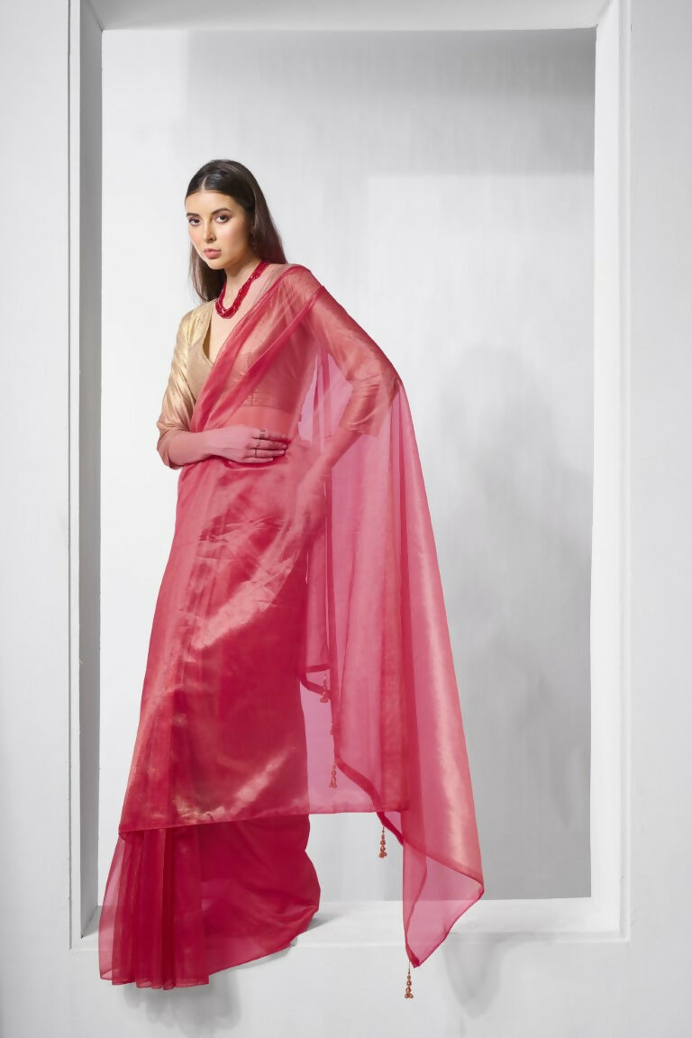Red Gold Tissue Net Solid & Gold Cotted Saree - Samaa