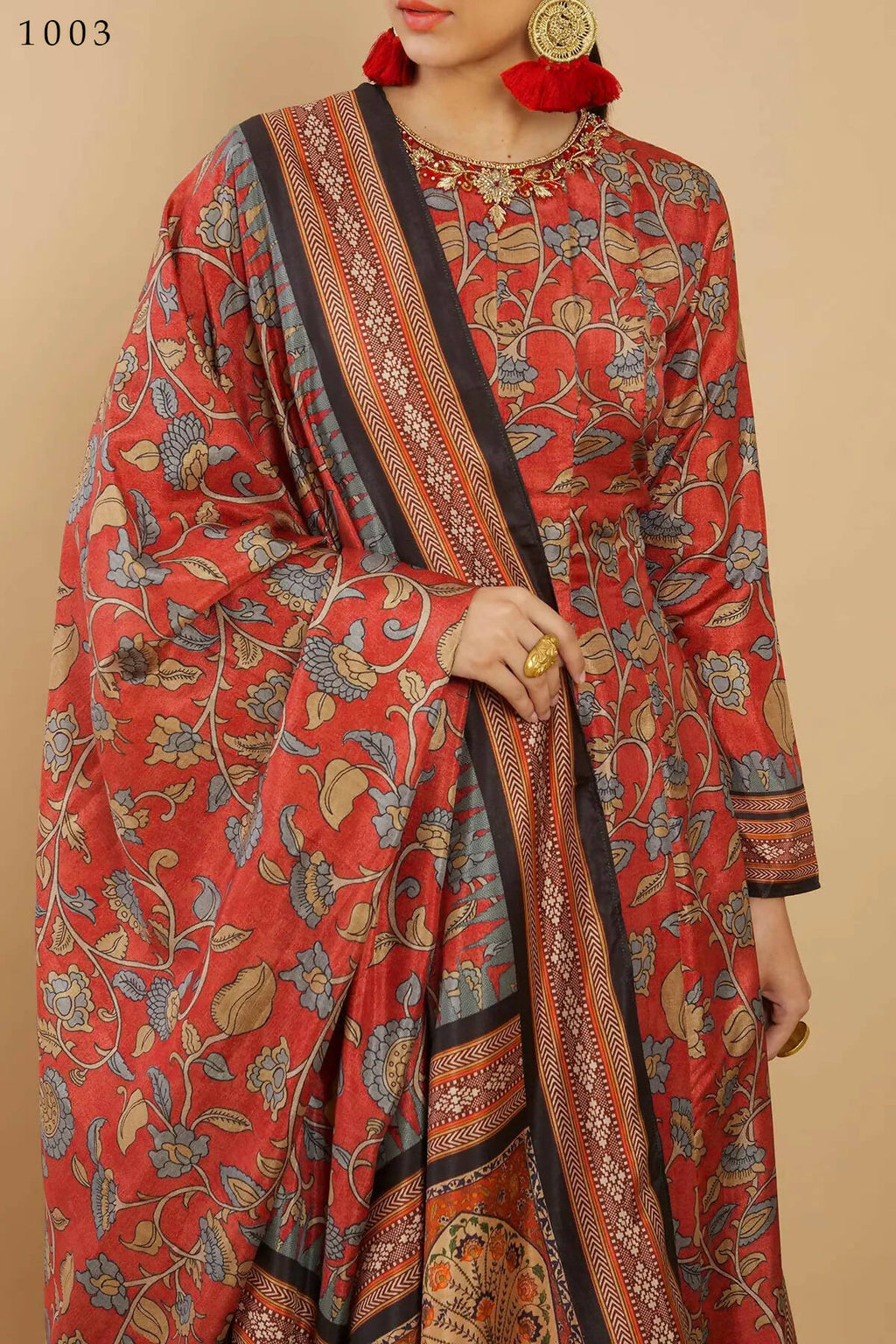 Women's Partywear Designer Red Soft Dola Silk Anarkali suit with Dupatta - Kalishta
