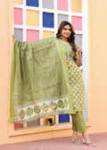 Alvano Printed 3Pcs Straight Kurti with Pant and Dupatta set for women and Girls Rayon (Light Green)